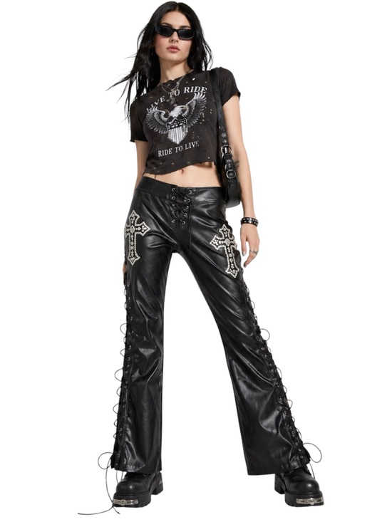 Current Mood Pants - Current Mood Ring In The Bling Pants S NWT Black Faux Leather Lace Up  Goth